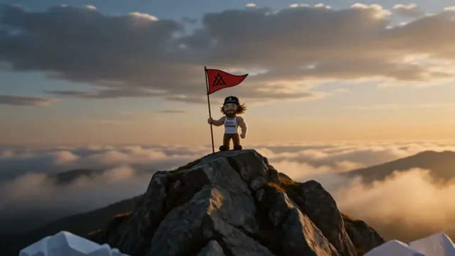 The character planting a flag on a rocky summit above the clouds at sunset